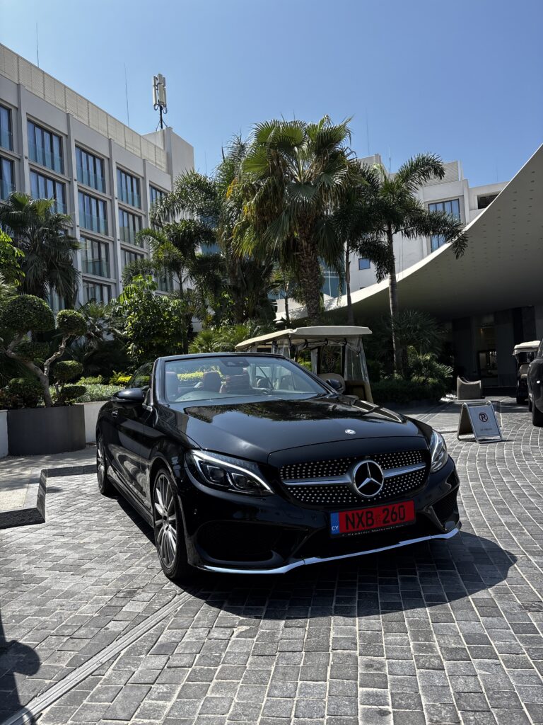 Mercedes C-Class Cabrio at Parklane Hotel Limassol - luxury car rental with Rospensa