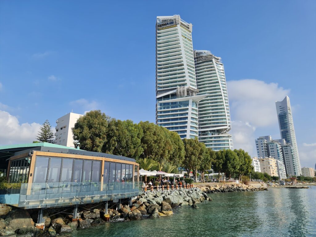 Limassol skyscrapers by the sea viewed from the coastline