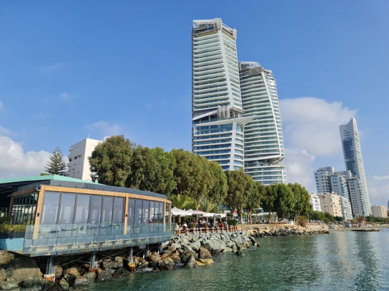 Limassol skyscrapers by the sea viewed from the coastline